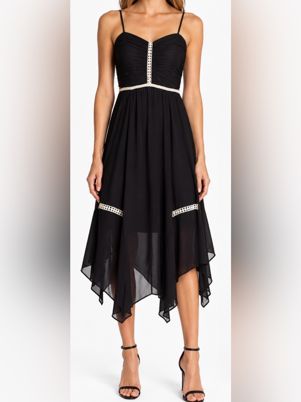 Parker Black Silk Ruched Handkerchief Hem Dress Crochet Trim L